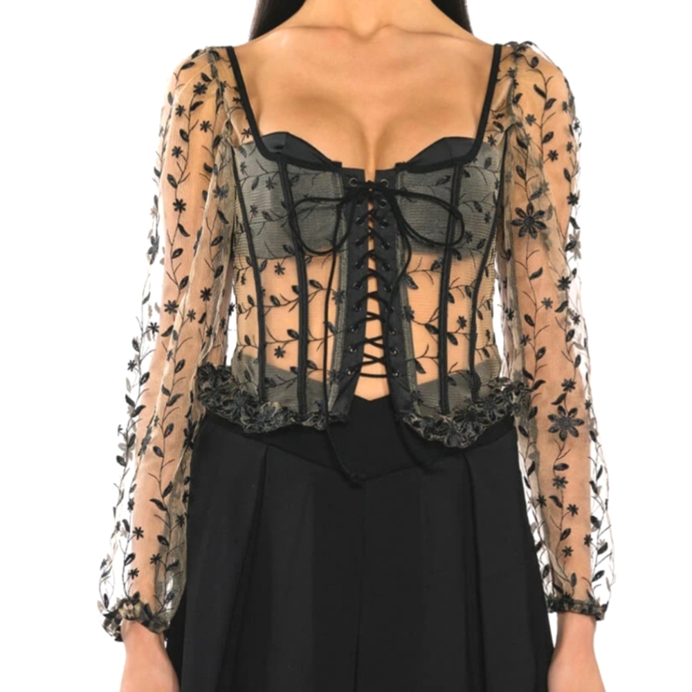 AKIRA Elegant Black Sheer Lace Up Corset. Size L.